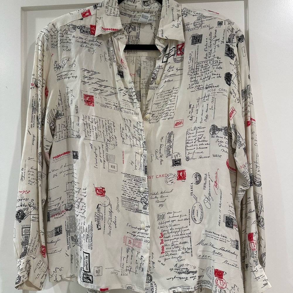 Vintage Postcard Print Evan Picone Blouse - image 1